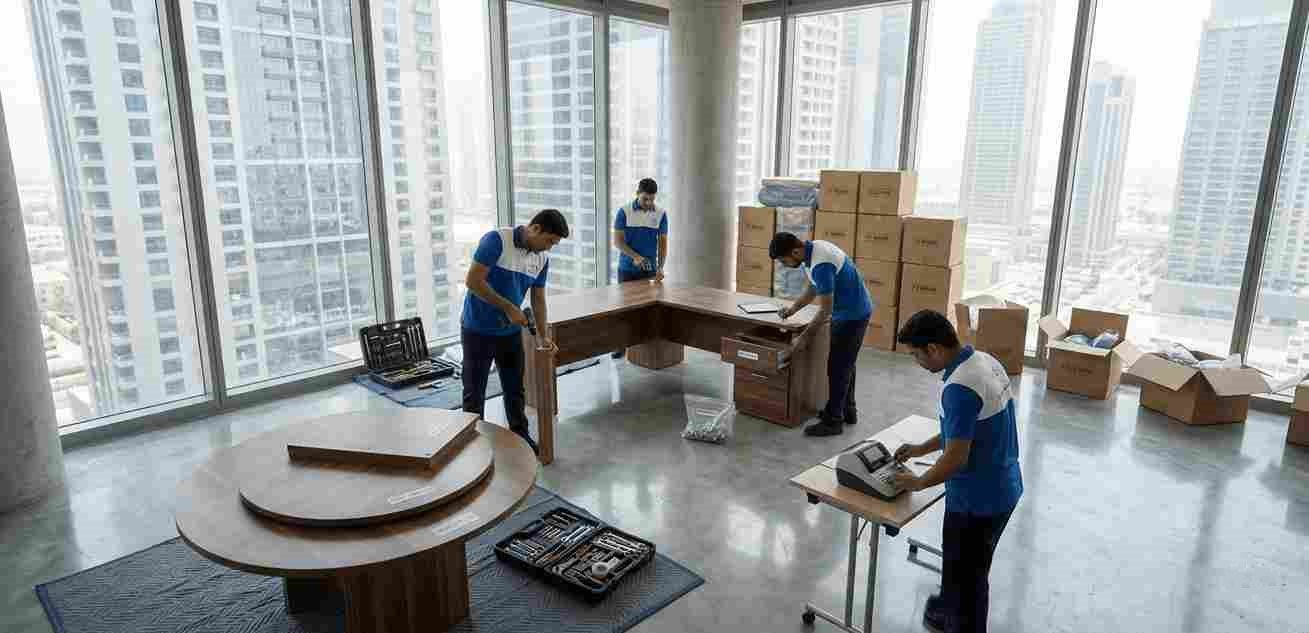Professional movers disassembling office